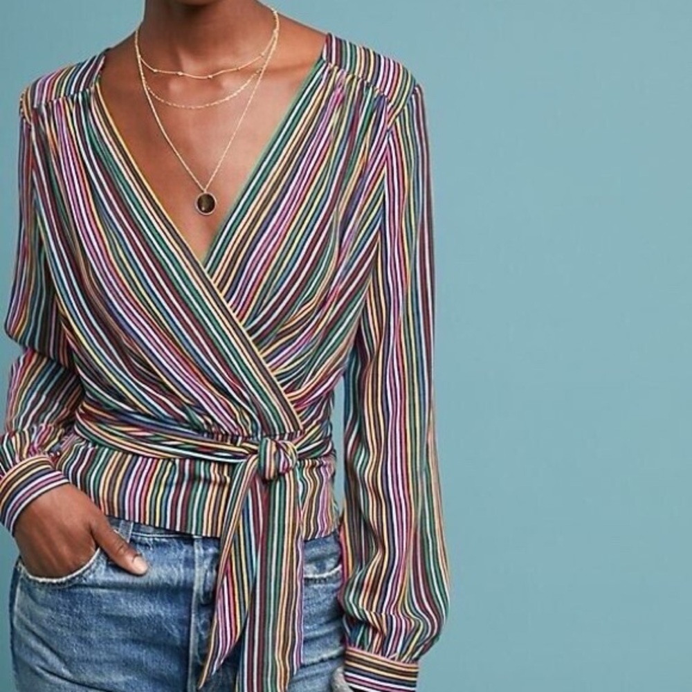 Anthropologie Vibrant Striped Wrap Blouse Size 10